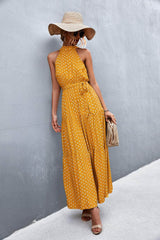 Printed Sleeveless Tie Waist Maxi Dress Mustard / S