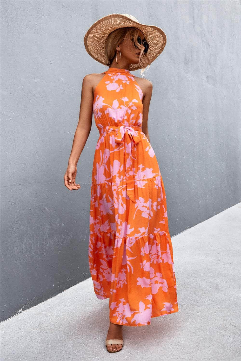 Printed Sleeveless Tie Waist Maxi Dress Orange/Floral / S