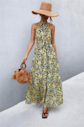 Printed Sleeveless Tie Waist Maxi Dress Yellow/Floral / S