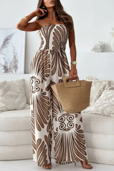 Printed Smocked Tube Wide Leg Jumpsuit Camel / S