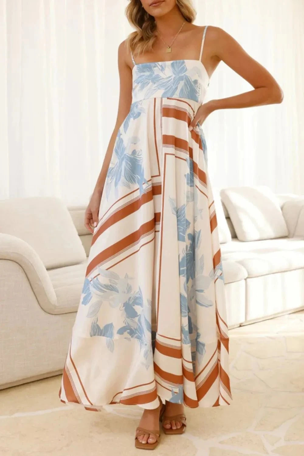 Printed Square Neck Cami Maxi Dress Brown Stripes / S