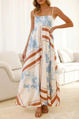 Printed Square Neck Cami Maxi Dress Brown Stripes / S