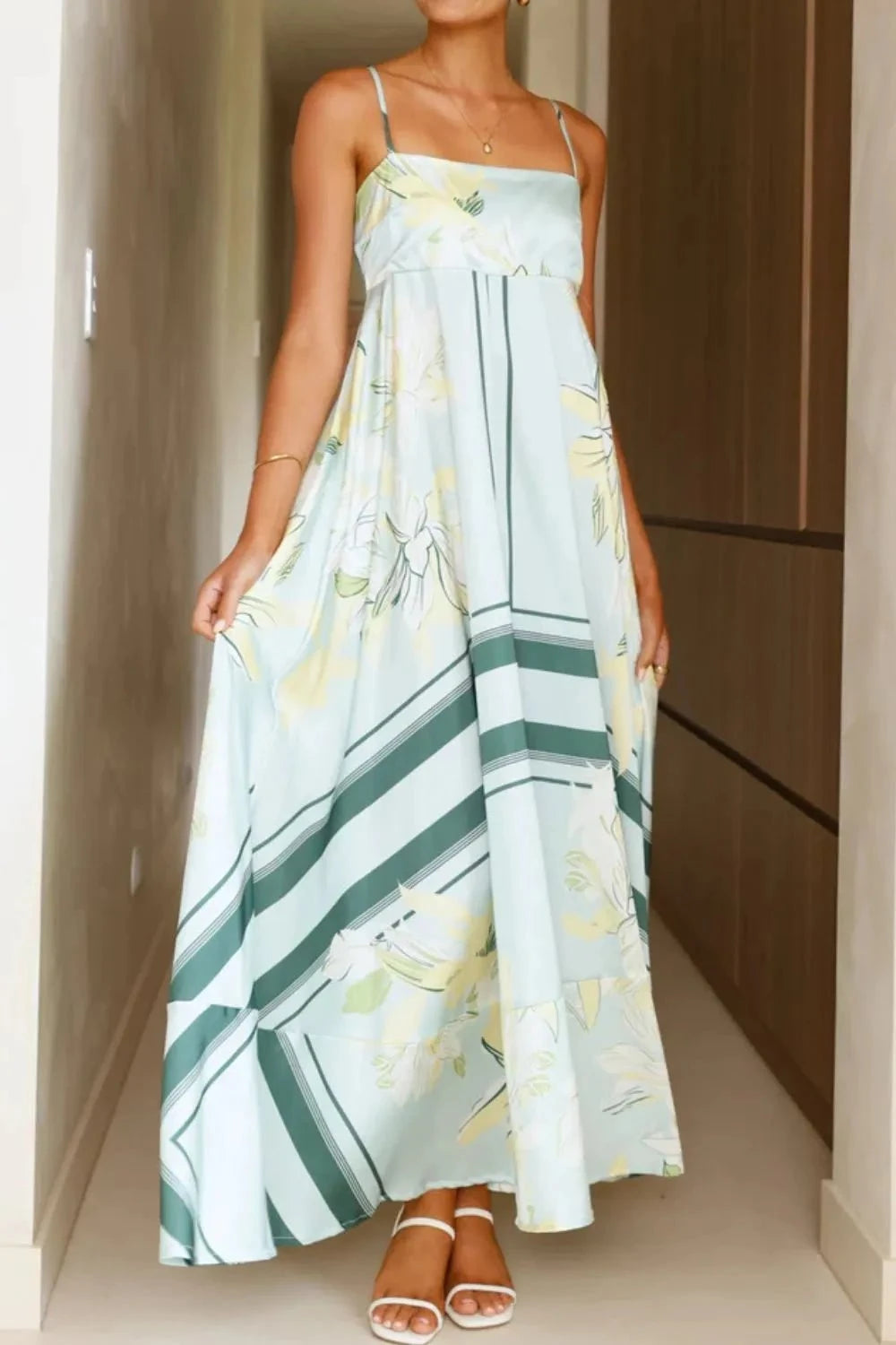 Printed Square Neck Cami Maxi Dress Light Green Stripes / S