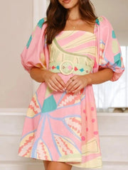 Printed Square Neck Puff Sleeve Dress