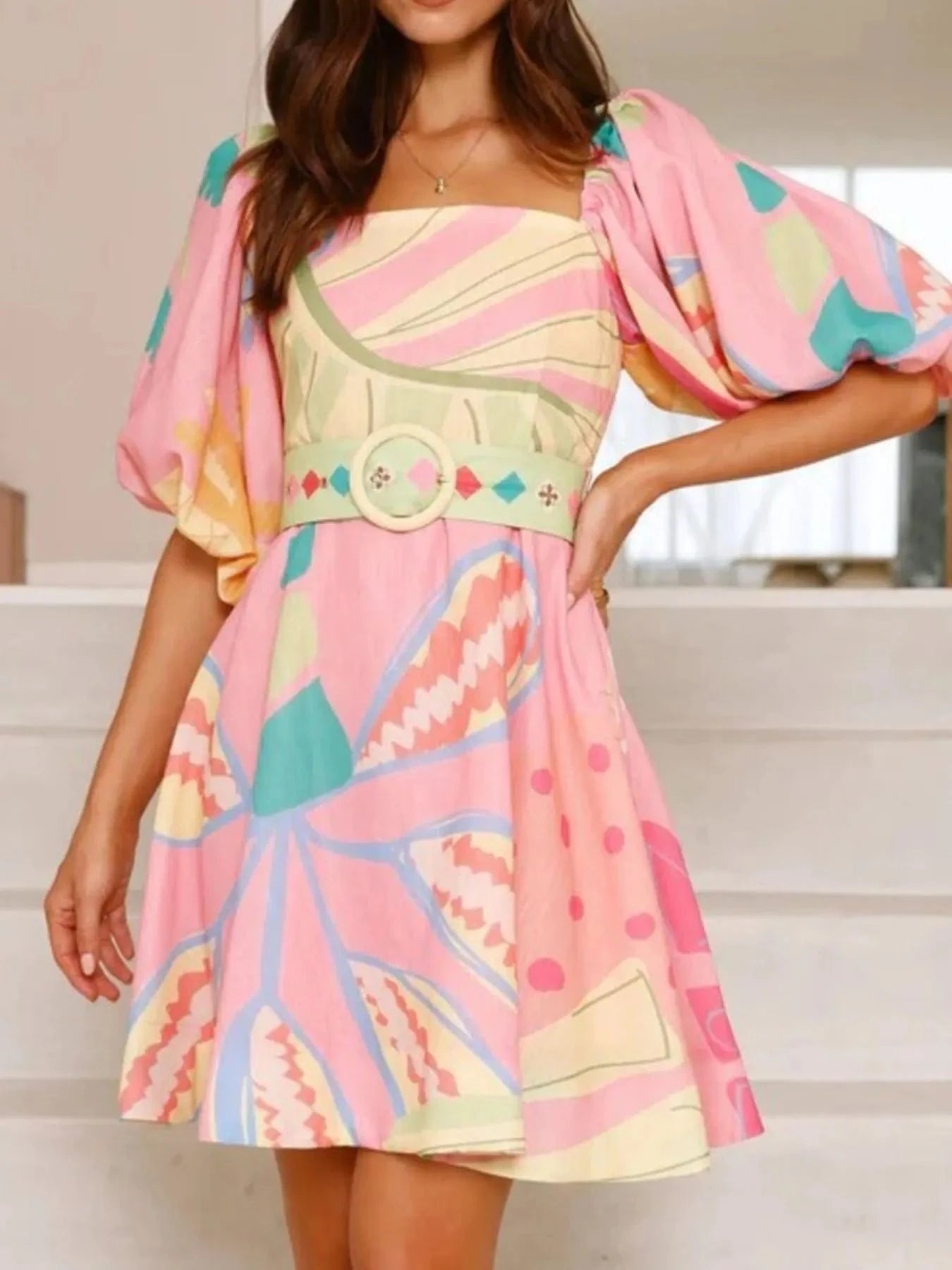 Printed Square Neck Puff Sleeve Dress Blush Pink / S