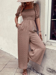 Printed Square Neck Puff Sleeve Jumpsuit Pale Blush / S