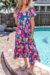 Printed Square Neck Short Sleeve Midi Dress