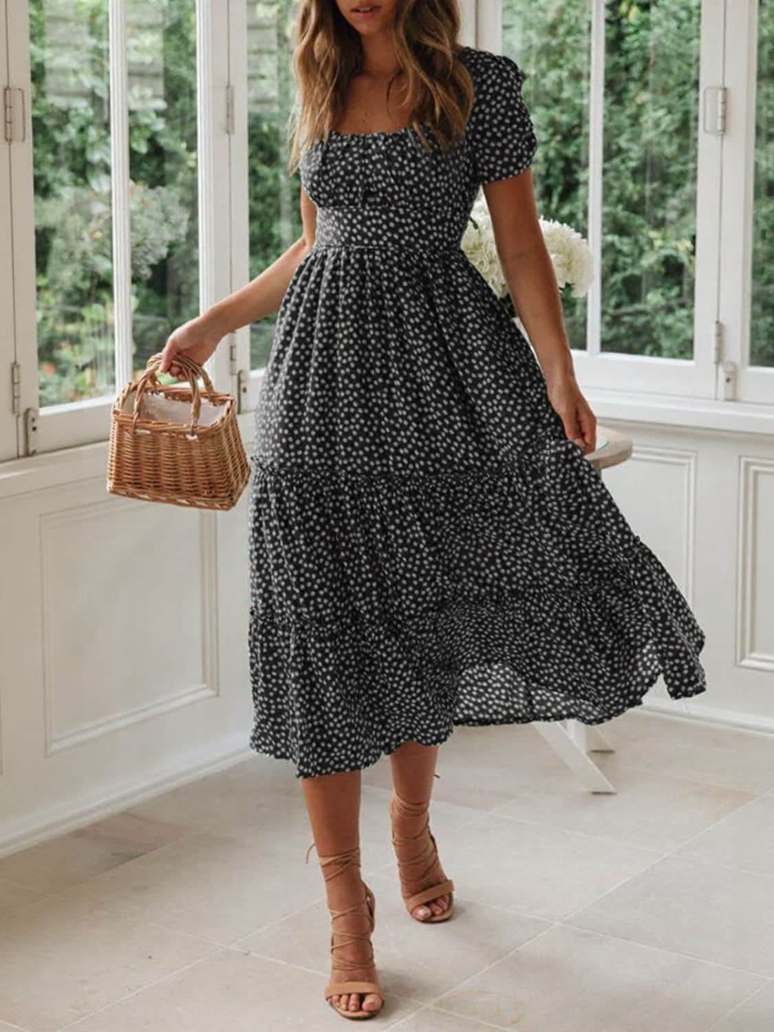 Printed Square Neck Short Sleeve Midi Dress Black / S
