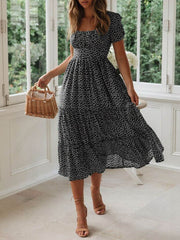 Printed Square Neck Short Sleeve Midi Dress Black / S