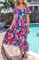 Printed Square Neck Short Sleeve Midi Dress Multicolor / S