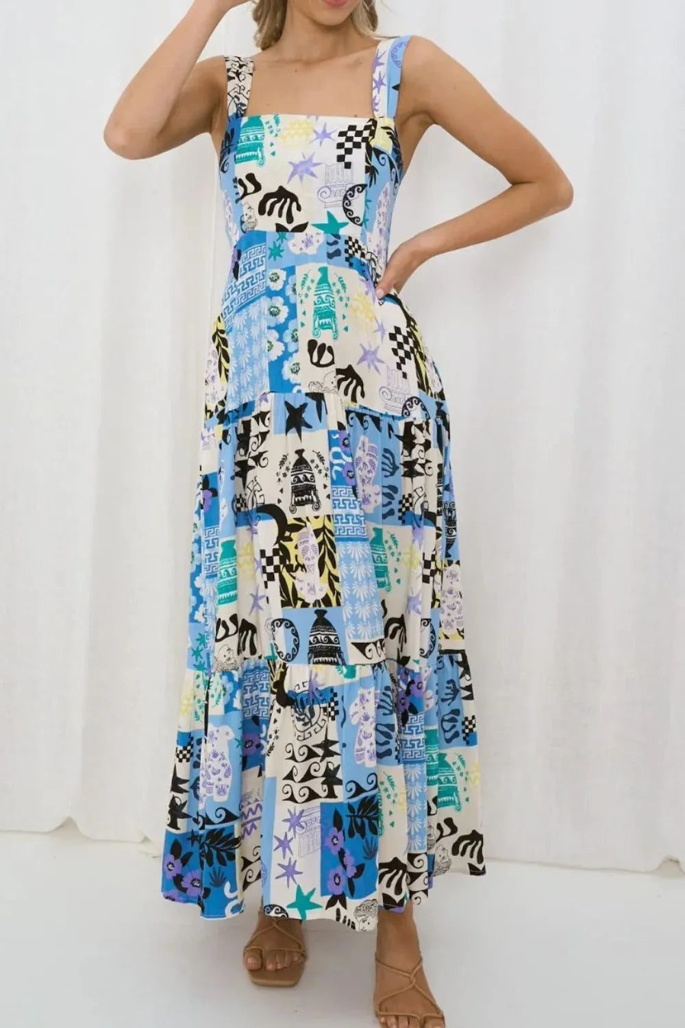 Printed Square Neck Wide Strap Maxi Dress Light Blue / S
