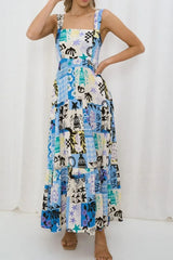 Printed Square Neck Wide Strap Maxi Dress Light Blue / S