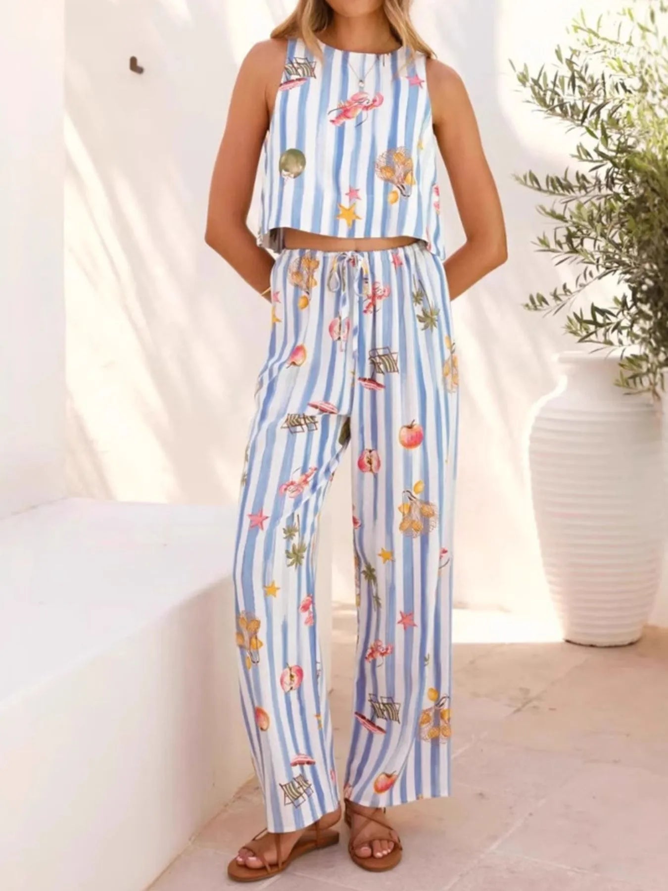 Printed Stripe Tank and Pants Set