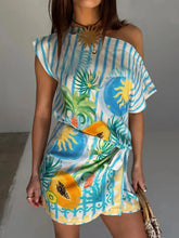 Printed Striped Single Shoulder Top and Skirt Set Multicolor / S