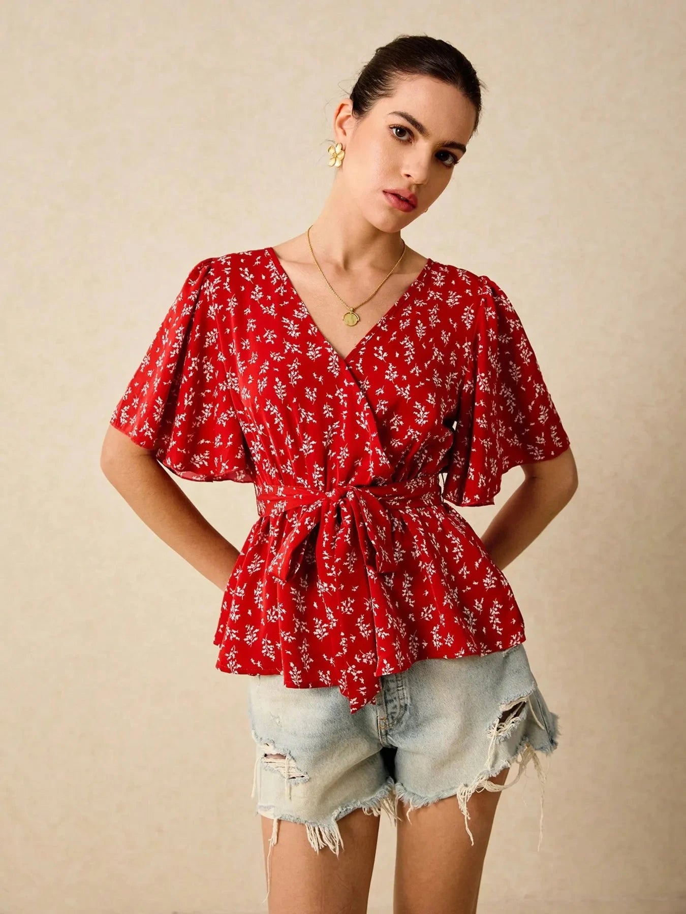 Printed Surplice Flutter Sleeve Blouse Red / S