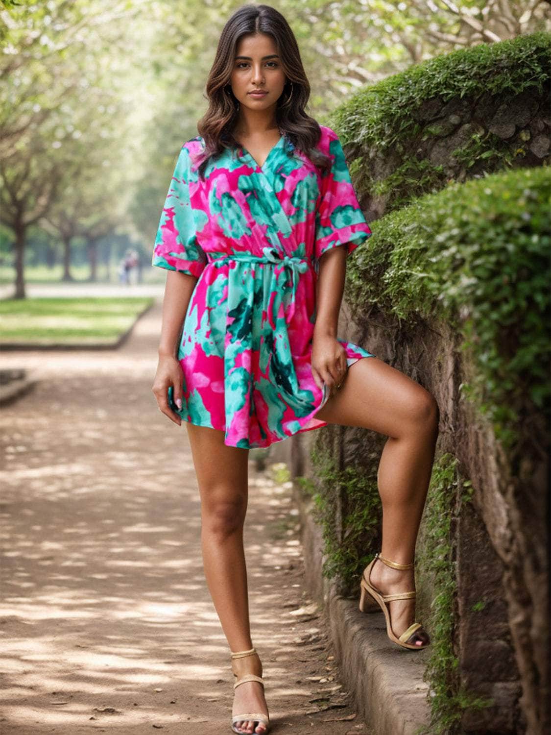 Printed Surplice Half Sleeve Romper Turquoise / S