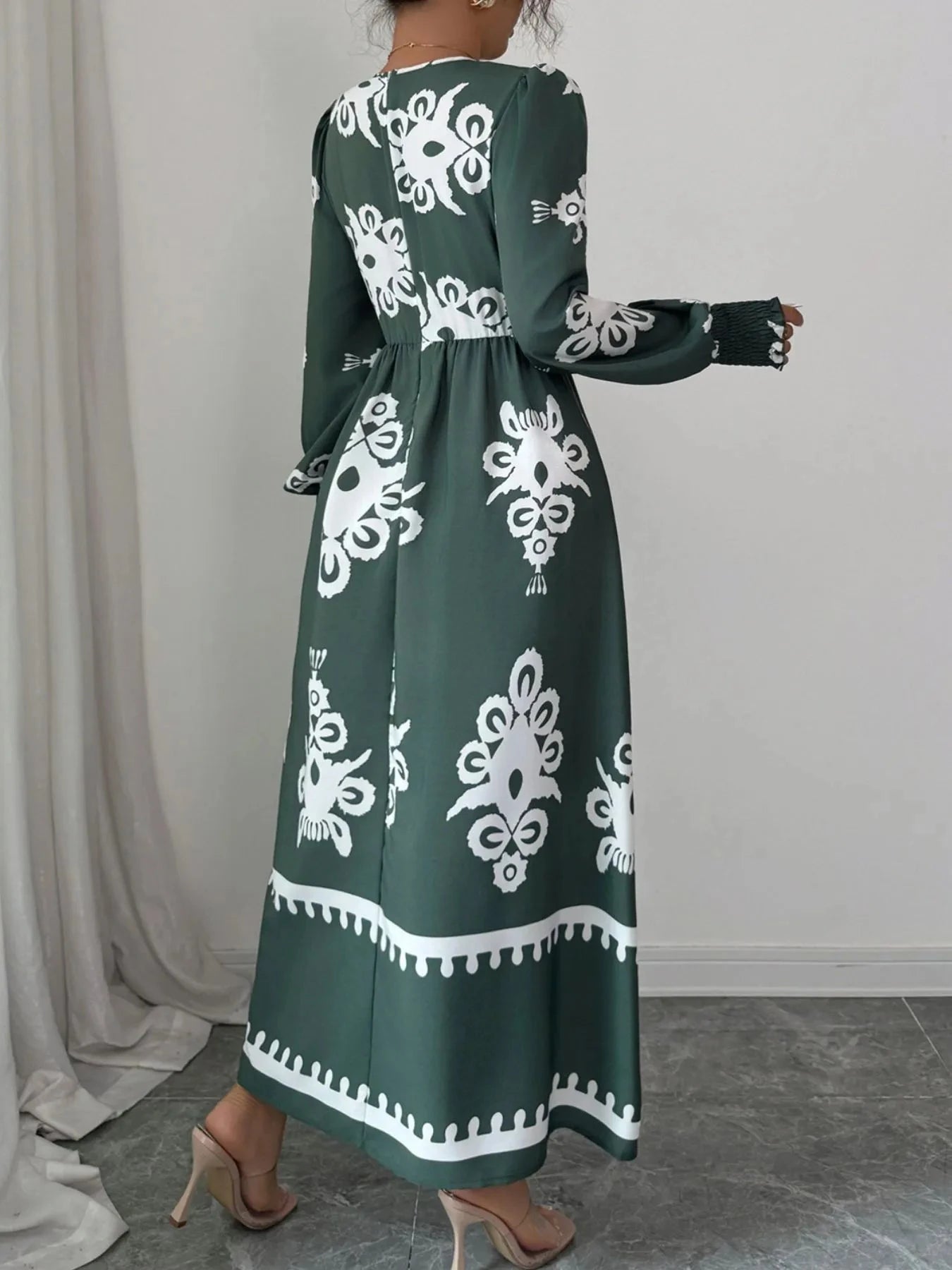 Printed Surplice Lantern Sleeve Dress