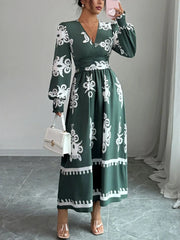 Printed Surplice Lantern Sleeve Dress