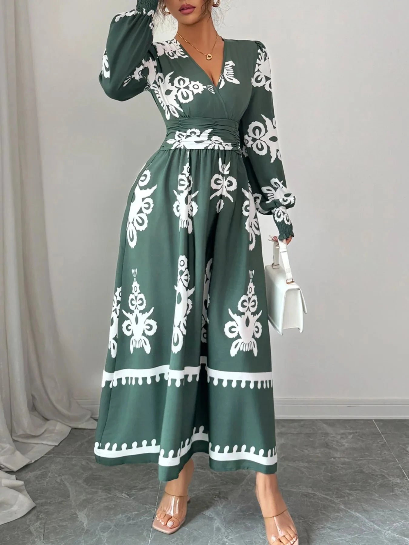 Printed Surplice Lantern Sleeve Dress Army Green / S