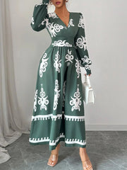 Printed Surplice Lantern Sleeve Dress Army Green / S
