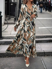 Printed Surplice Long Sleeve Maxi Dress