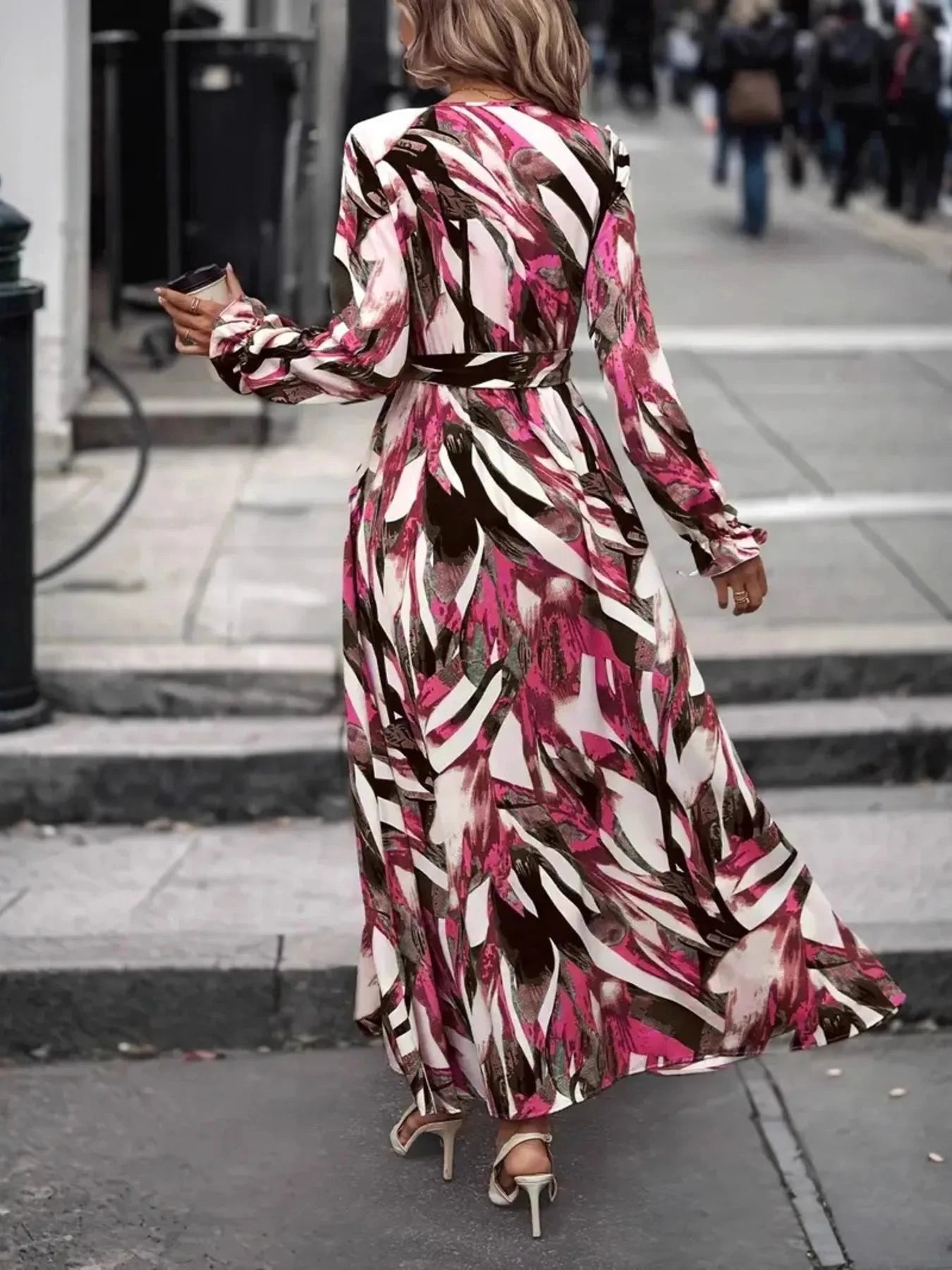Printed Surplice Long Sleeve Maxi Dress