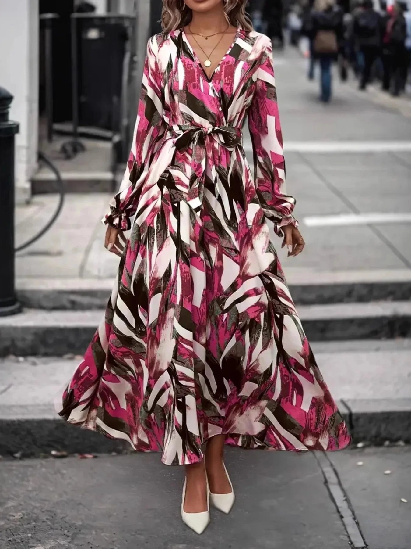 Printed Surplice Long Sleeve Maxi Dress