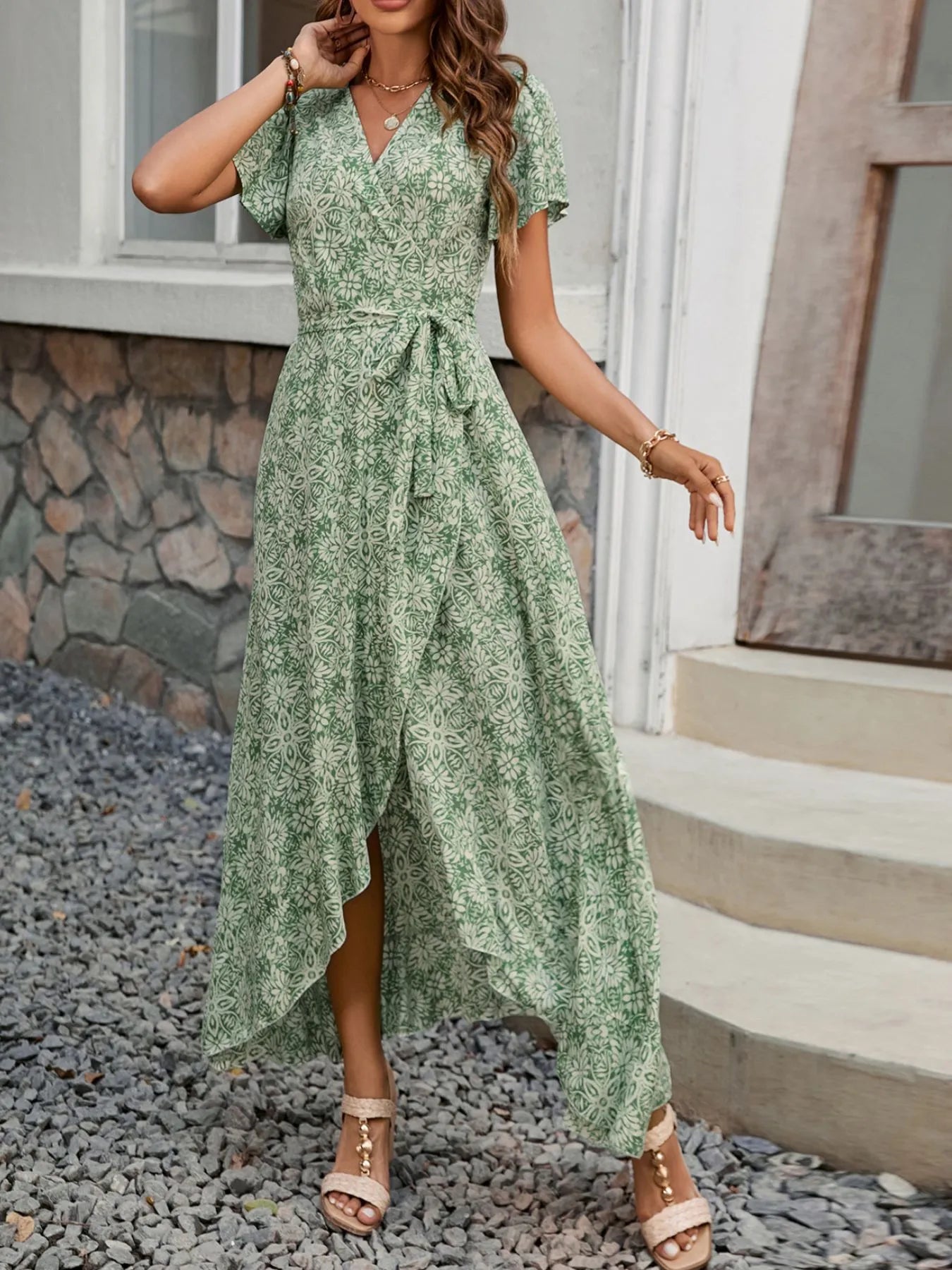 Printed Surplice Maxi Dress with Flutter Sleeves Green / S