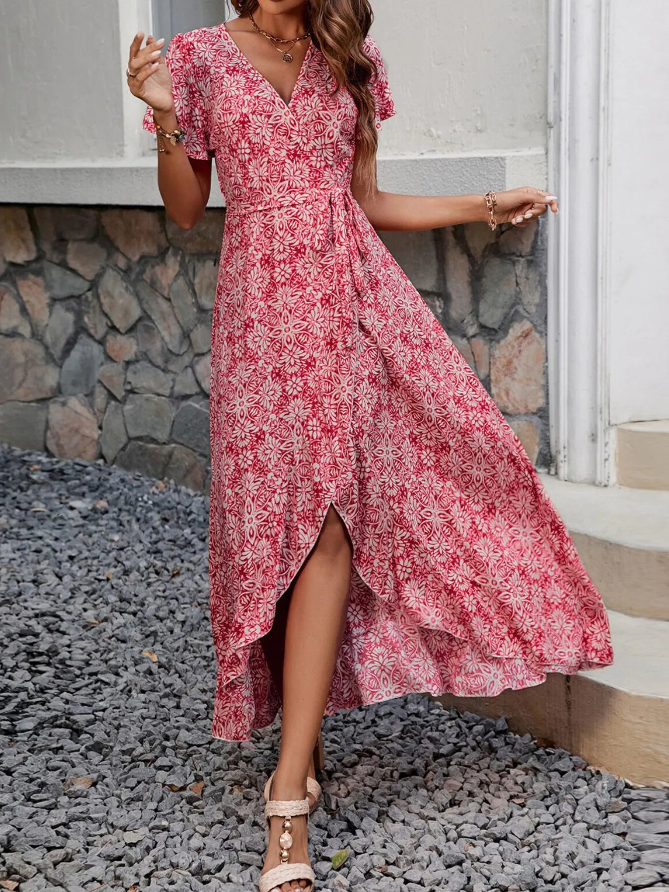 Printed Surplice Maxi Dress with Flutter Sleeves Red / S