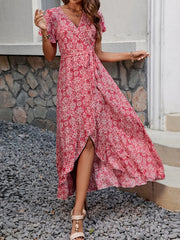 Printed Surplice Maxi Dress with Flutter Sleeves Red / S