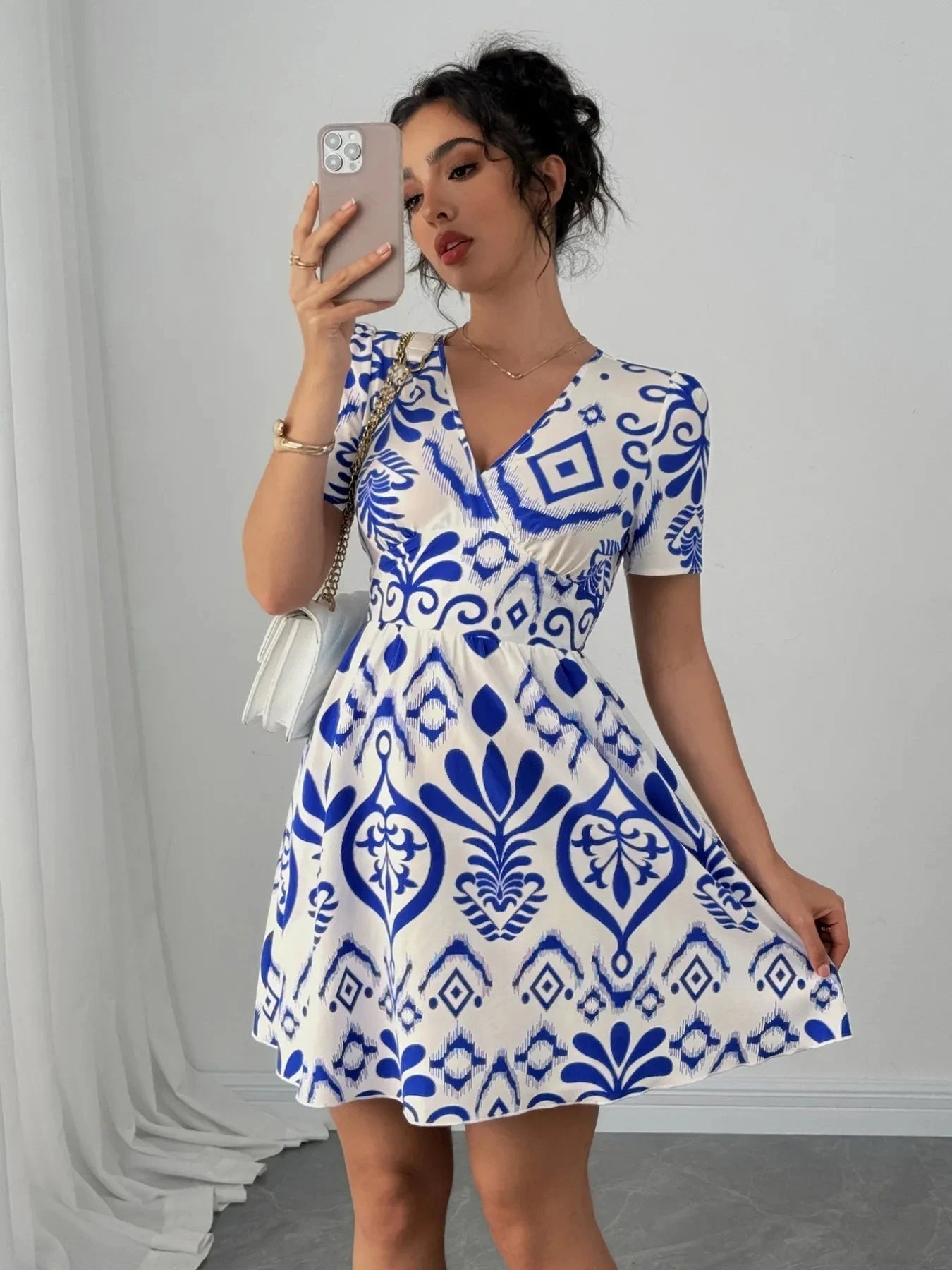 Printed Surplice Short Sleeve Dress