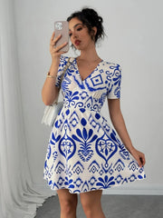 Printed Surplice Short Sleeve Dress