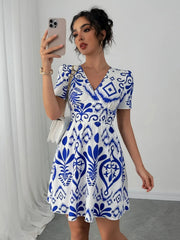 Printed Surplice Short Sleeve Dress
