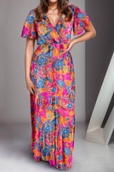 Printed Surplice Short Sleeve Maxi Dress Multicolor / S