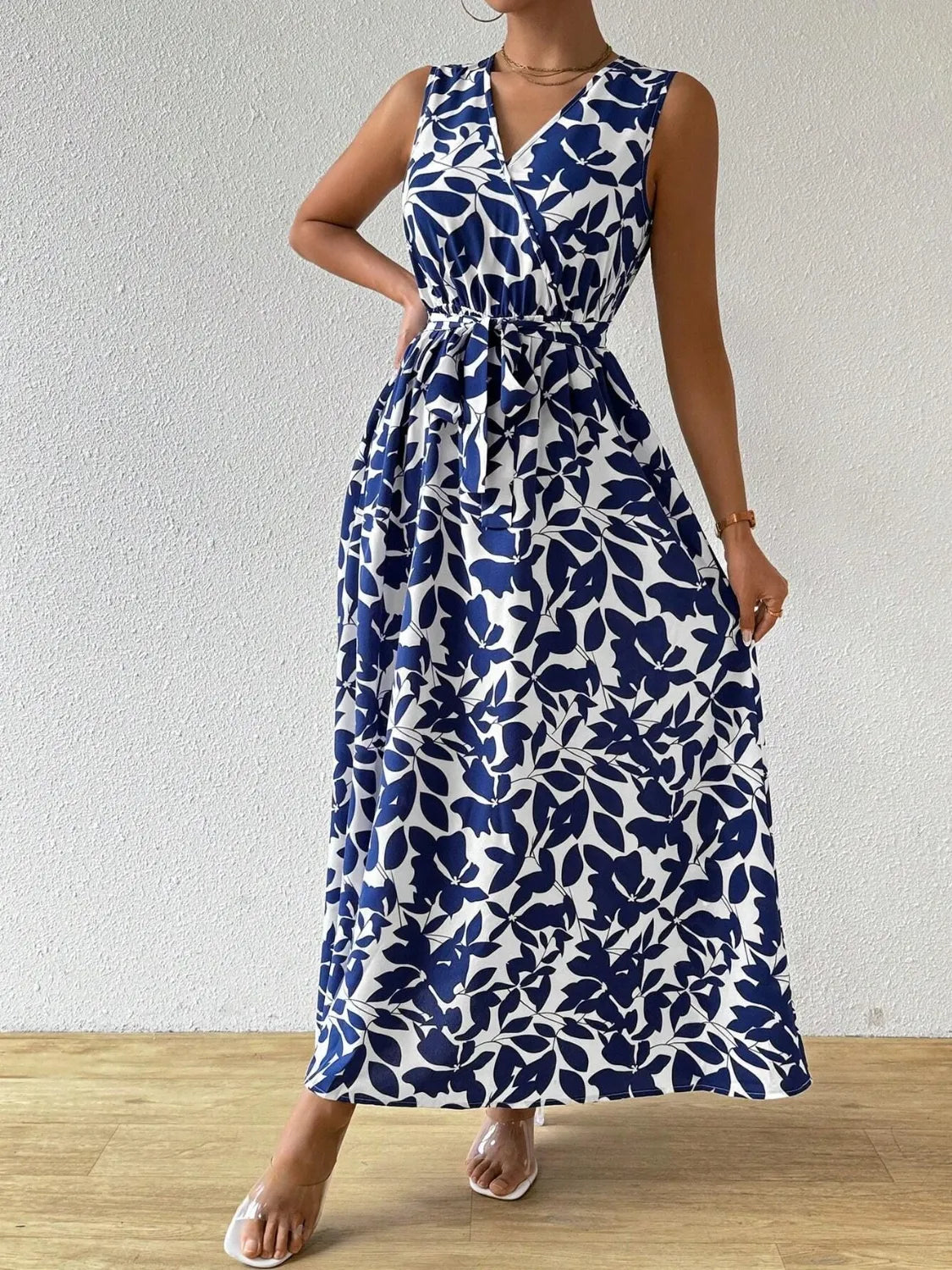 Printed Surplice Sleeveless Maxi Dress