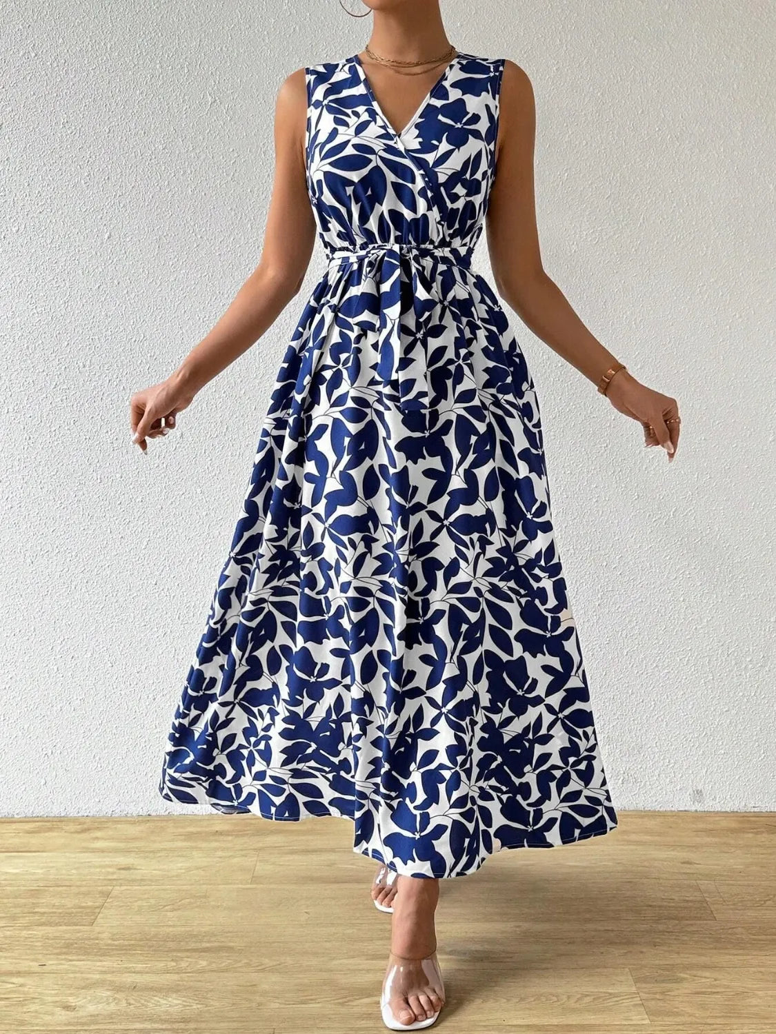 Printed Surplice Sleeveless Maxi Dress