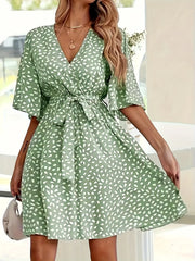 Printed Surplice Tie Waist Dress Green / S