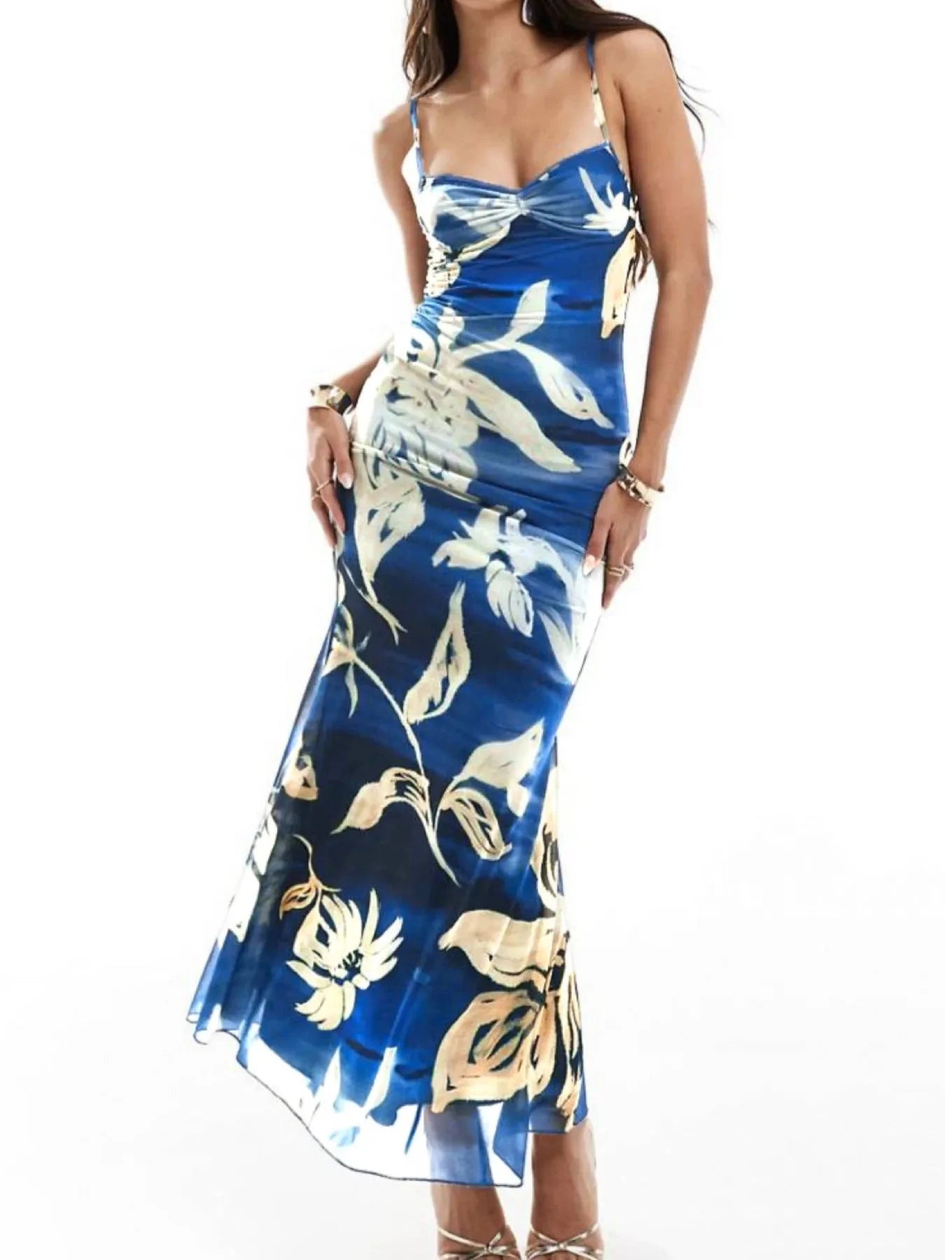 Printed Sweetheart Neck Maxi Dress