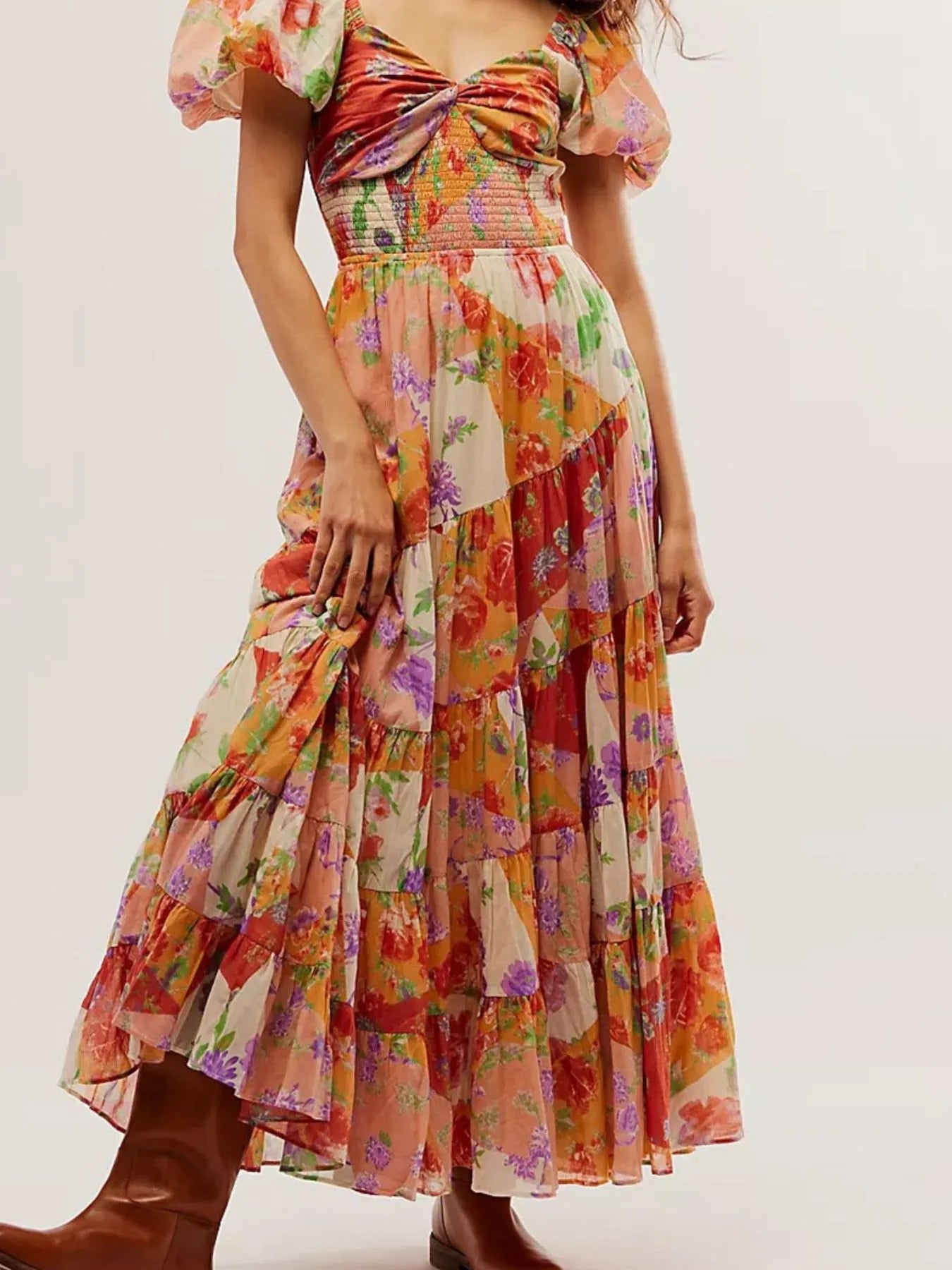 Printed Sweetheart Neck Puff Sleeve Maxi Dress