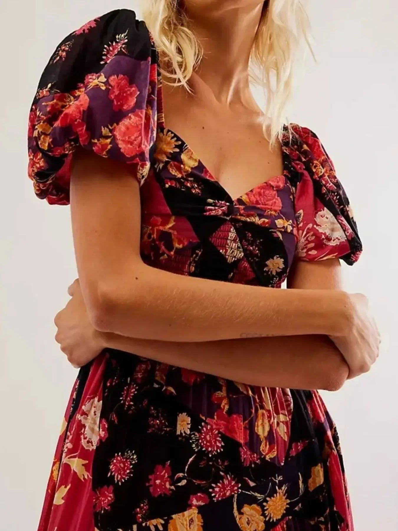 Printed Sweetheart Neck Puff Sleeve Maxi Dress