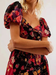 Printed Sweetheart Neck Puff Sleeve Maxi Dress