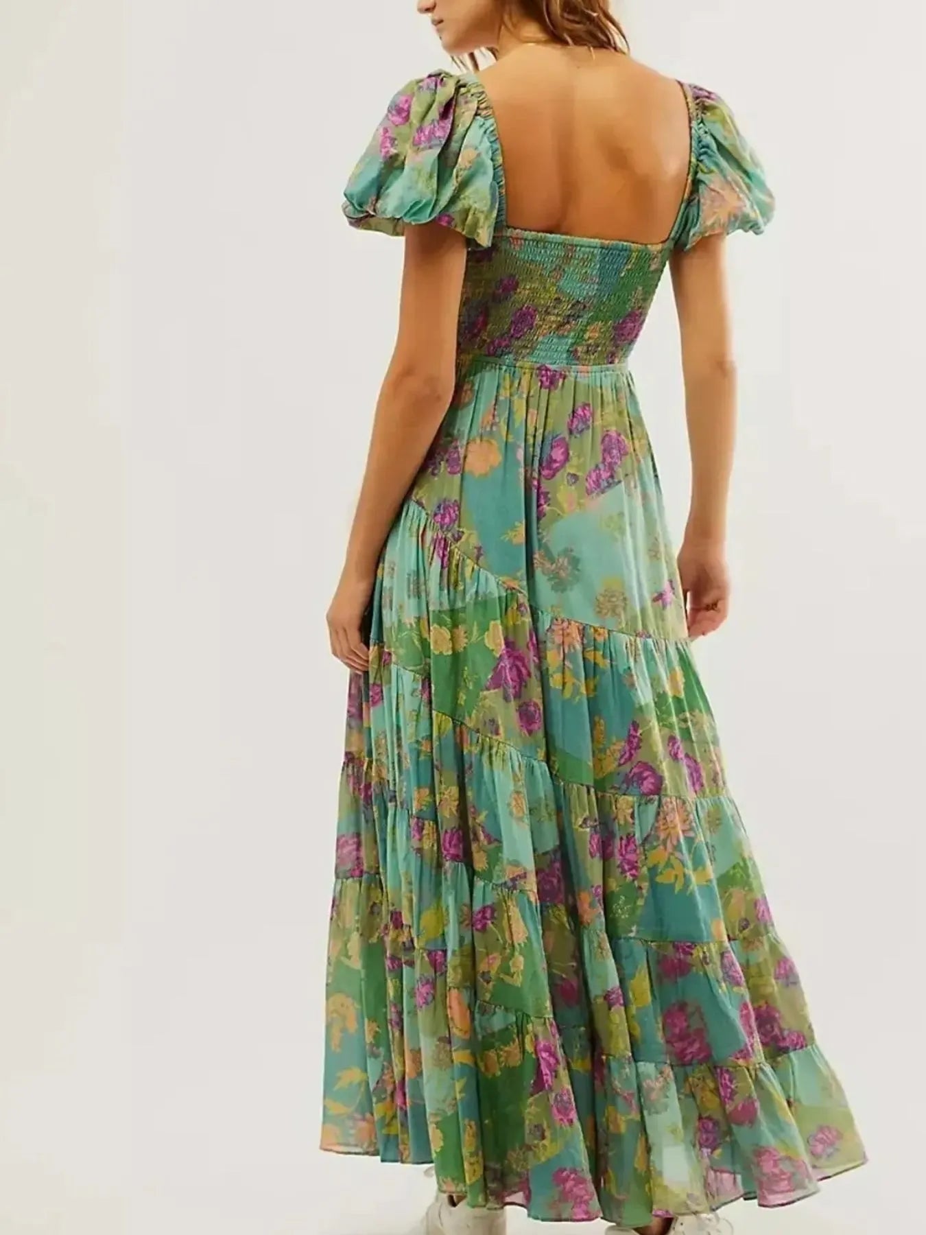 Printed Sweetheart Neck Puff Sleeve Maxi Dress