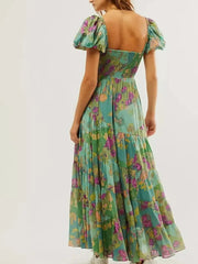 Printed Sweetheart Neck Puff Sleeve Maxi Dress
