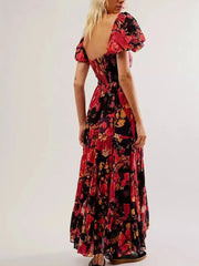 Printed Sweetheart Neck Puff Sleeve Maxi Dress