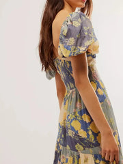 Printed Sweetheart Neck Puff Sleeve Maxi Dress