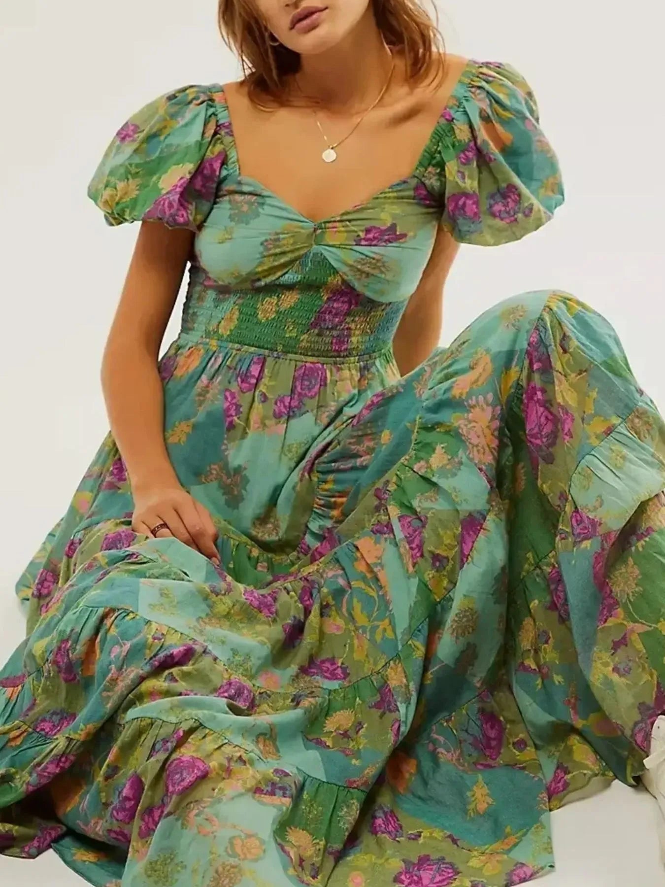 Printed Sweetheart Neck Puff Sleeve Maxi Dress