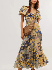 Printed Sweetheart Neck Puff Sleeve Maxi Dress Yellow / S