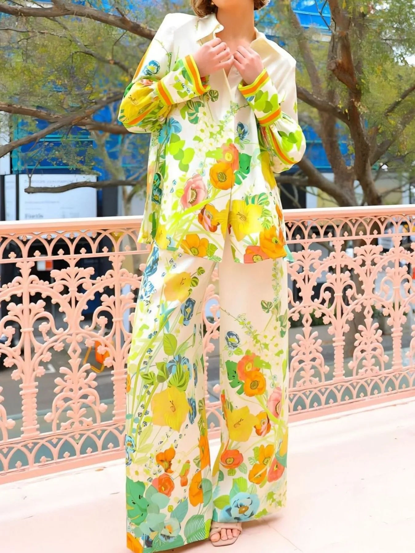 Printed Tie Back Shirt and Pants Set Yellow / S
