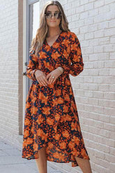 Printed Tie Front Smocked Long Sleeve Dress Pumpkin / S