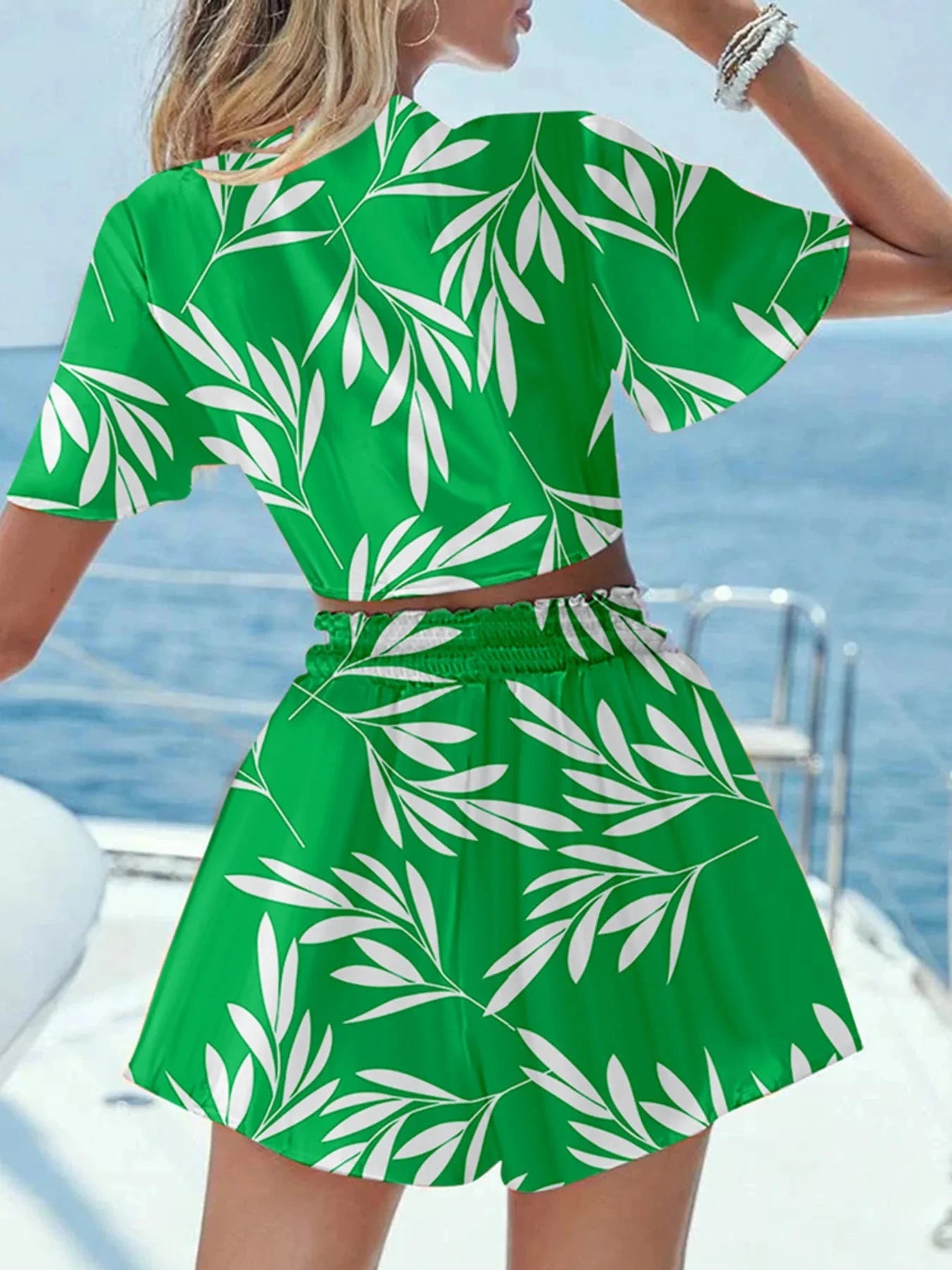 Printed Tie Front Top and Shorts Set